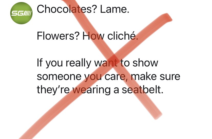 SGItweets's tweet image. The SGI social media team tried to come up with some #ValentinesDay themed tweets about seatbelts. 

It didn’t go well.  See for yourself. 

#RejectedVDaySeatbeltTweets