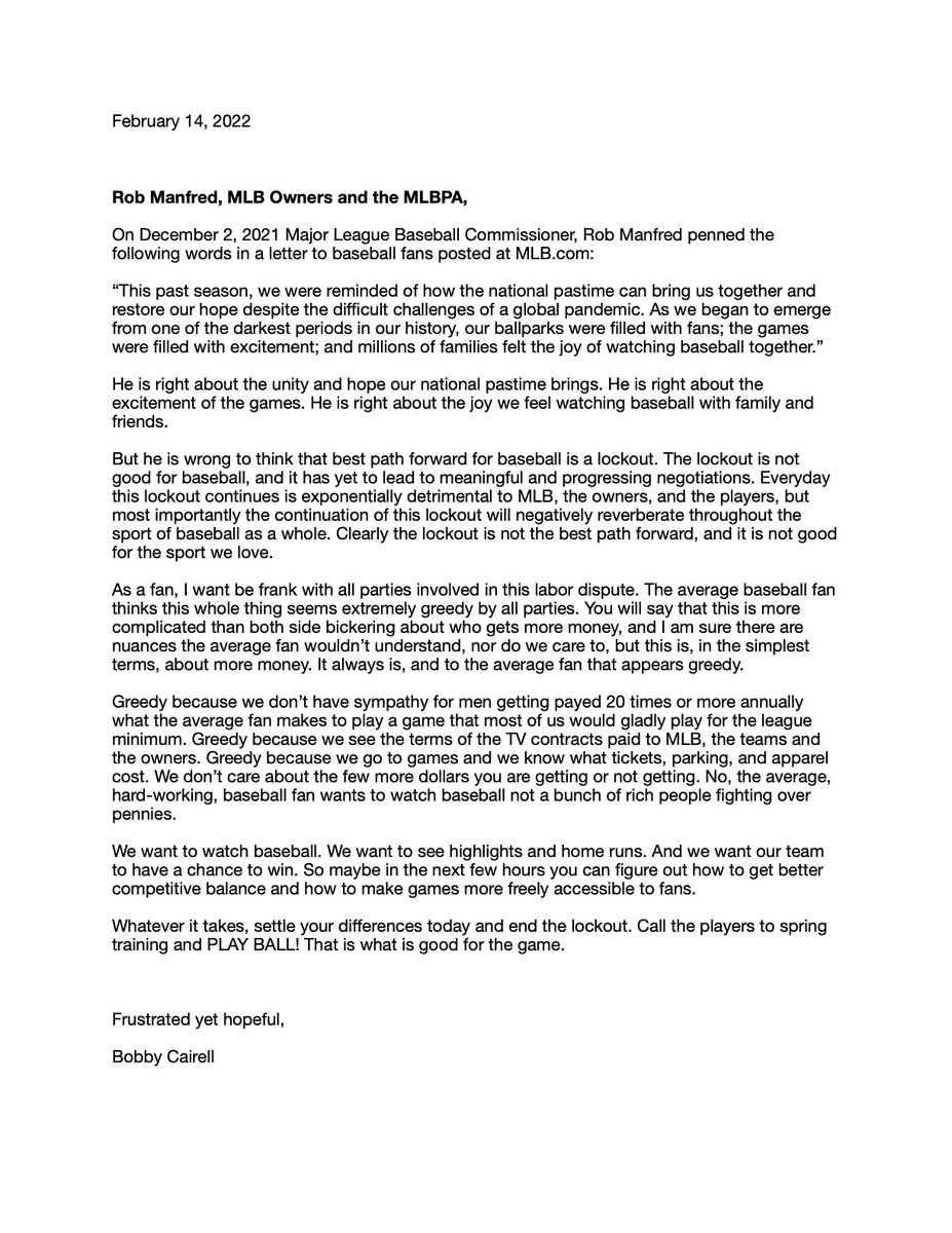 BobbyCairell's tweet photo. @RobManfred @MLB @MLBPA Open Letter to Rob Manfred, MLB Owners and MLBPA. https://t.co/4jX0bwWSUJ