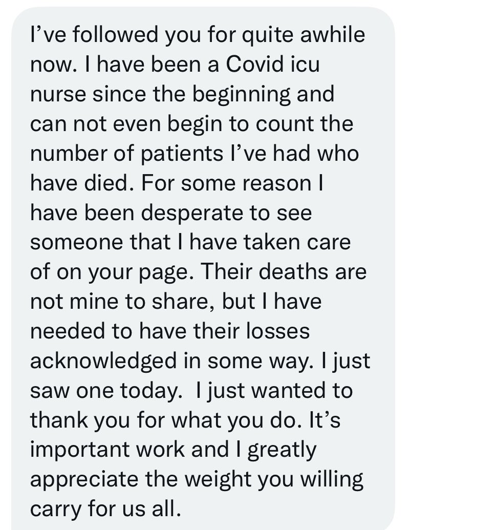 alexjgoldstein's tweet image. I received this note the other day from an ICU nurse on the pandemic frontlines. We can’t even begin to heal until we acknowledge the extent of what all of us have lost and continue to lose. 

@FacesOfCOVID’s work is just beginning.