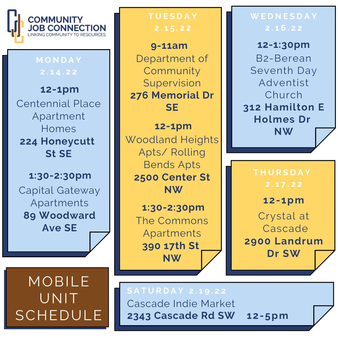 Here's the CJC Mobile unit schedule for this week!

To learn more about the Community Job Connection, visit the link in our bio!

#atlanta #westside #community #jobopportunities #hiring #employment