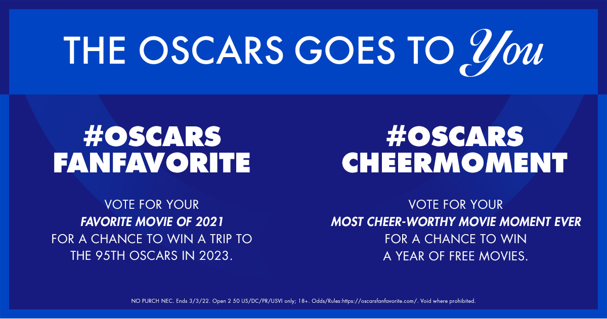 Make movie history this year with #OscarsFanFavorite and #OscarsCheerMoment. Head to oscarsfanfavorite.com for more information.