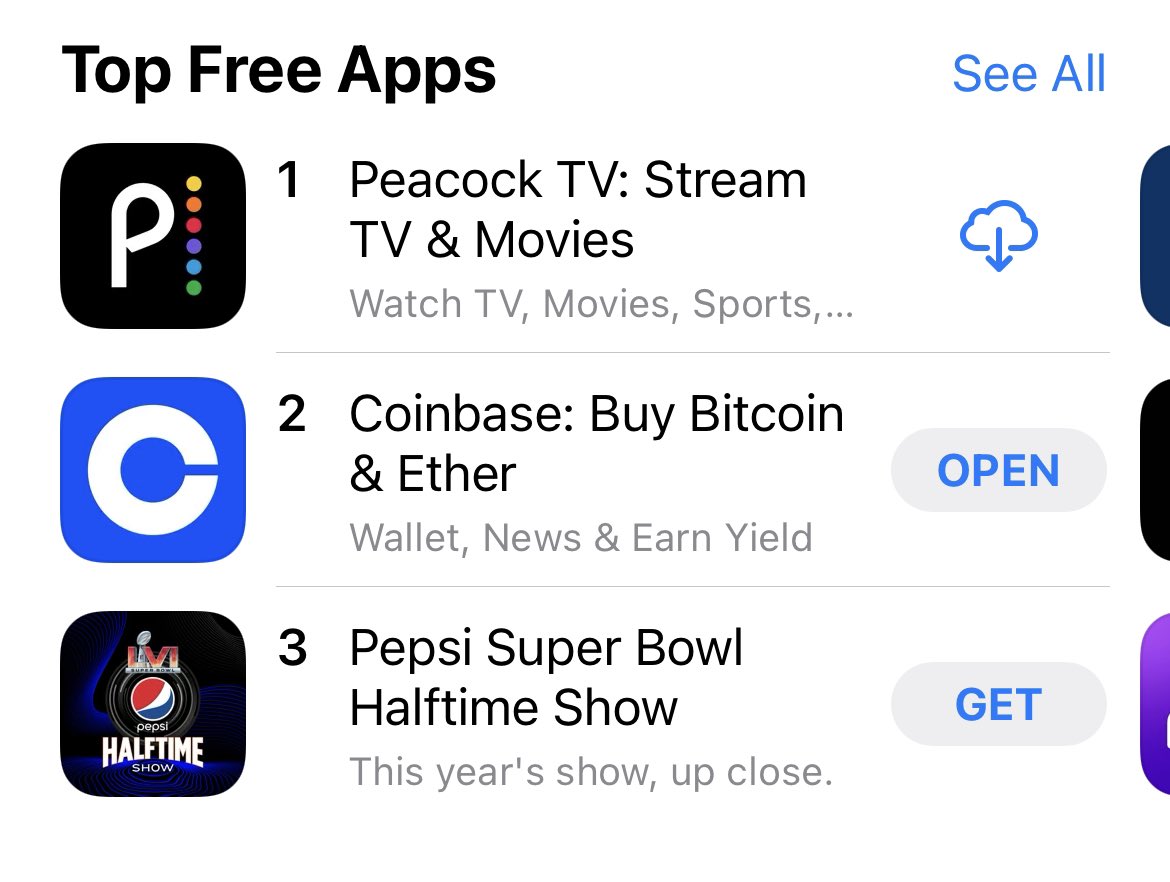 Jordie_Brown_'s tweet photo. Incase you havent heard, @coinbase hit #2 for top free apps on the apple app store after the superbowl ad https://t.co/w9C8j1RE9r