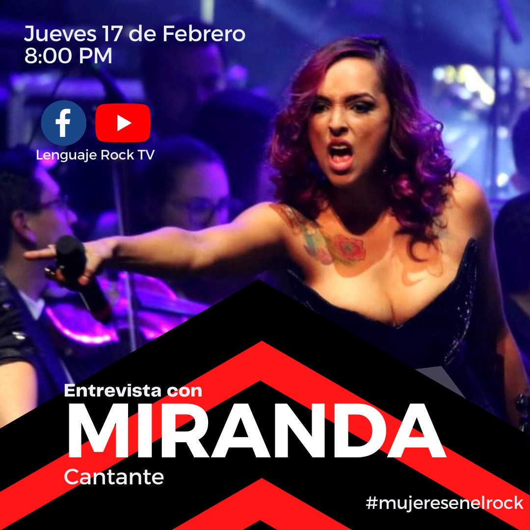 Este jueves traemos una super entrevista con la talentosa <a href="/mirandasoulband/">Miranda</a>, 
Conoceremos un poco más de una de las cantantes mas talentosas de nuestro pais.
#mujeresenelrock

Jueves 17 de Febrero 
8 PM 
Por nuesto facebook y canal en Youtube (Lenguaje Rock TV)