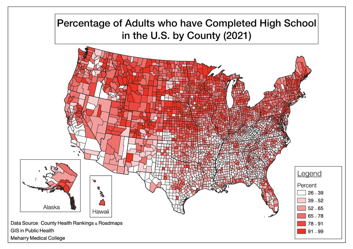gis_meharry's tweet photo. Students were able to create a map showing percents of adults who have completed high school. Education has been deemed one of the most significant social determinants of health that influences health over the course of a lifetime. #publichealth #GIS #Meharry #QGIS https://t.co/41gEQ4HKXu