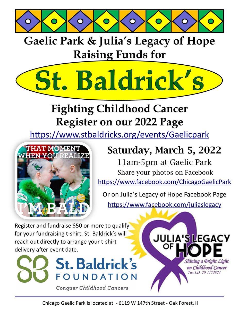 Julia's Legacy of Hope is back live at Gaelic Park on March 5th from 11 am - 5 pm.  Help us raise money to fund pediatric cancer research through Julia's Legacy of Hope's Hero Fund of St. Baldrick's.  Admission is free and there will be many ways you can contribute to the cause!