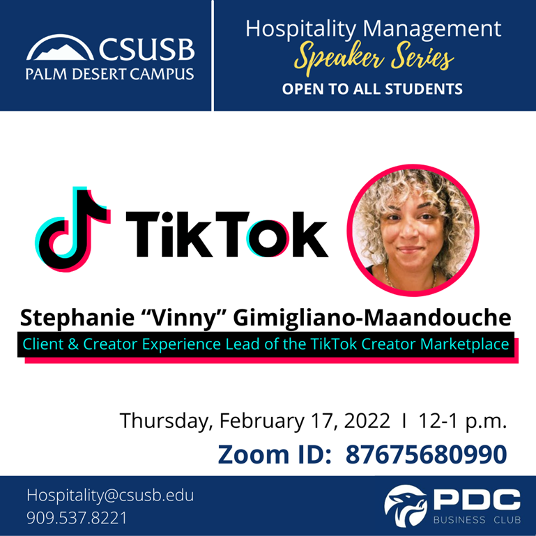 MarketingCSUSB's tweet photo. Join us! Hospitality Management Guest Speaker: TikTok - Stephanie “Vinnie” Gimigliano-Maandouche

https://t.co/SxTolwM4yE

#pdcpack #csusb #wedefinethefuture #coyote4life #collegecampus #collegelife #collegestudent #collegestudents #collegestudentlife https://t.co/xYiH2m2Xfb