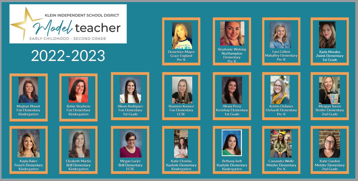 It's time to CELEBRATE our 2022-2023 Klein ISD Pre-K-2 Model Teachers!!  Yay!!!🥳🤗😍 <a href="/KleinISD/">Klein ISD</a> <a href="/GraceEngKISD/">Grace England ECC</a> <a href="/NorthamptonKISD/">Northampton Elem.</a> <a href="/MahaffeyKISD/">Mahaffey Elementary</a> <a href="/ZwinkKISD/">Zwink Elementary</a> <a href="/FoxKISD/">Fox Elementary</a> <a href="/KreinhopKISD/">Kreinhop Elementary</a> <a href="/EhrhardtKISD/">Ehrhardt Elementary</a> <a href="/BenferKISD/">Benfer Elementary</a> <a href="/FrenchKISD/">French Elementary</a> <a href="/BrillKISD/">Brill Elementary</a> <a href="/KuehnleKISD/">Kuehnle Elementary</a> <a href="/MetzlerKISD/">Metzler Elementary</a>