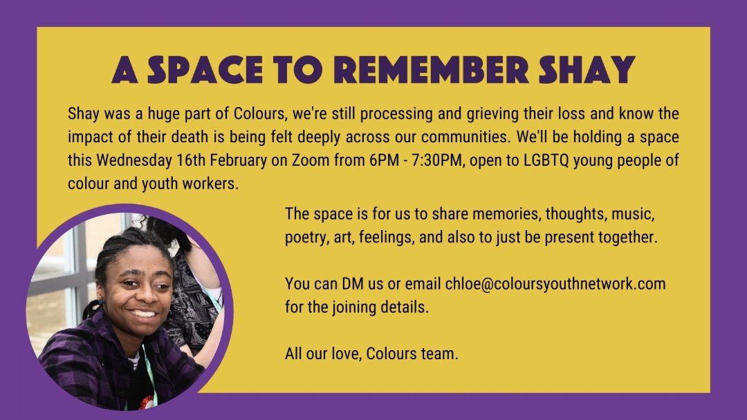 A space to remember Shay 💜
This Wednesday 16th Feb 6-7:30pm for #QTIPOC young people and youth workers. Please share and DM us for the zoom link to come along  pic.x.com/nUPHWpyhnv