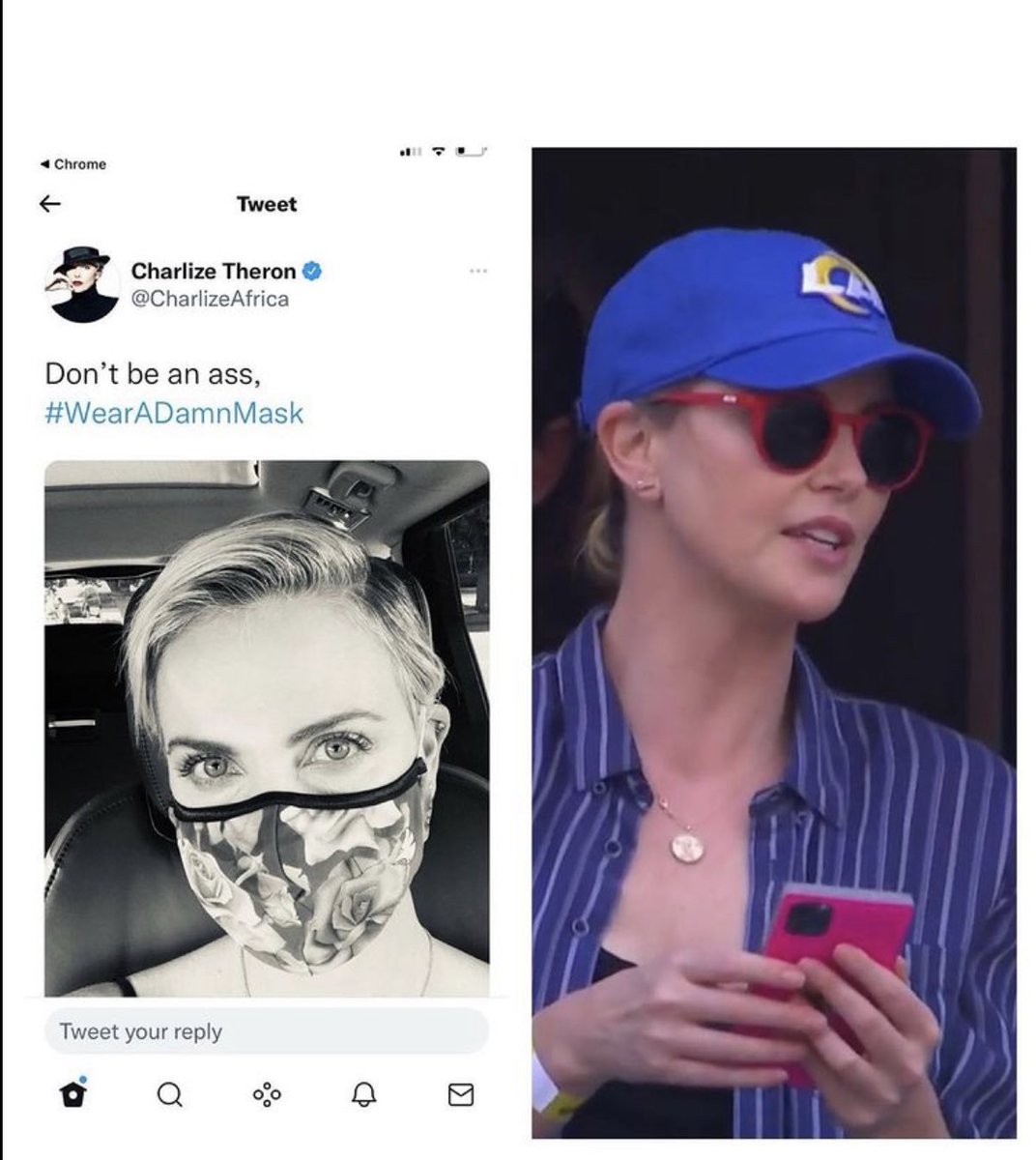 WendyfulWorld's tweet photo. What an ass #hypocrite @CharlizeAfrica! #CharlizeTheron #WearADamnMask https://t.co/ICBh3b3wiL