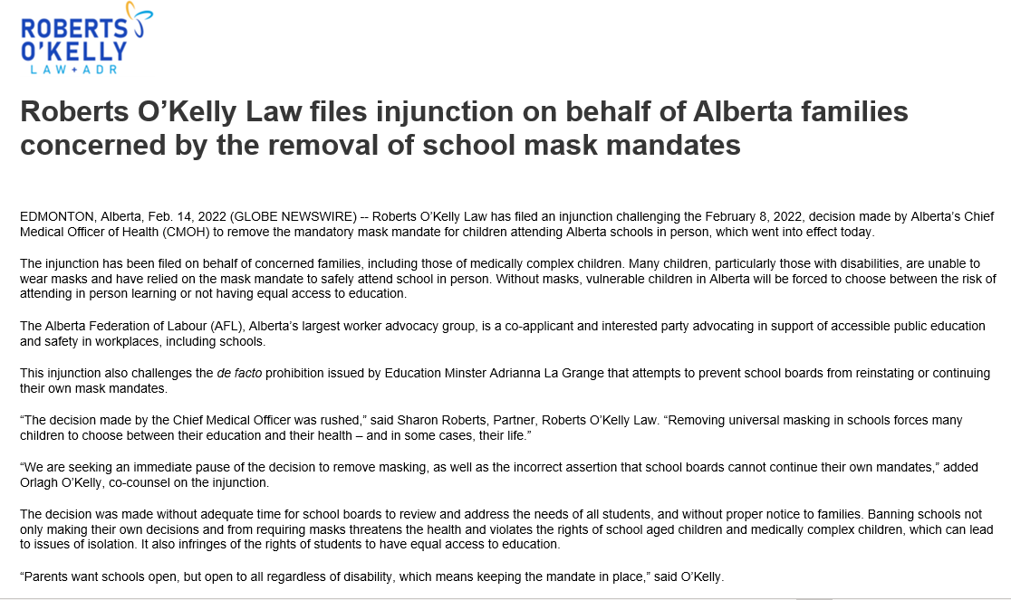 The question of masks in schools is going to court: an injunction filed on behalf of parents regarding the removal of universal masking and the education minister <a href="/AdrianaLaGrange/">Adriana LaGrange</a> no allwoing boards to bring in their own mask mandates. #abpoli #ableg