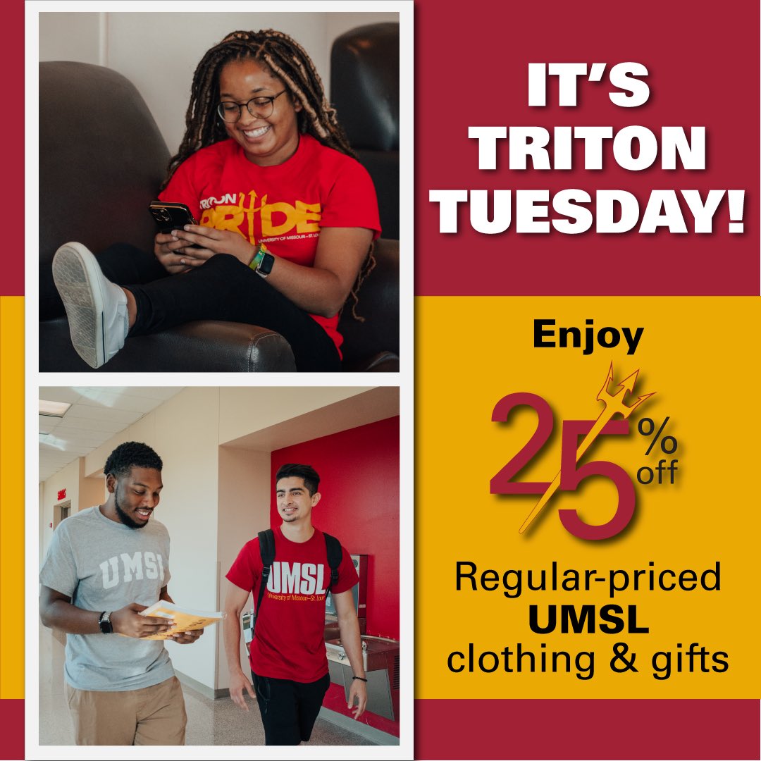 Don’t forget! Tomorrow is Triton Tuesday!!! Get 25% off all regular priced UMSL clothing and gifts! #umsl #tritontuesday #umslproud