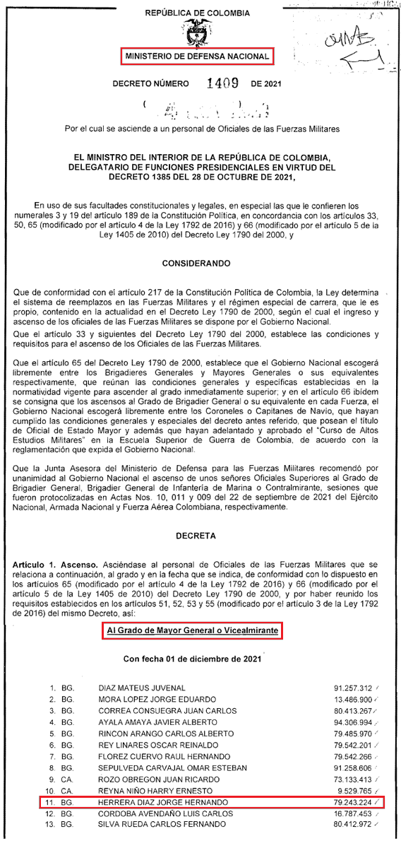JuanPoe's tweet photo. El 4 de noviembre de 2021 el Ministro de Defensa Diego Molano firma el ascenso mediante el Decreto 1409 de 2021 de Jorge Hernando Herrera para que sea designado como Mayor General del Ejército. Esta es la prueba documental del ascenso. Sigue👇 https://t.co/AxjbMIZqjW