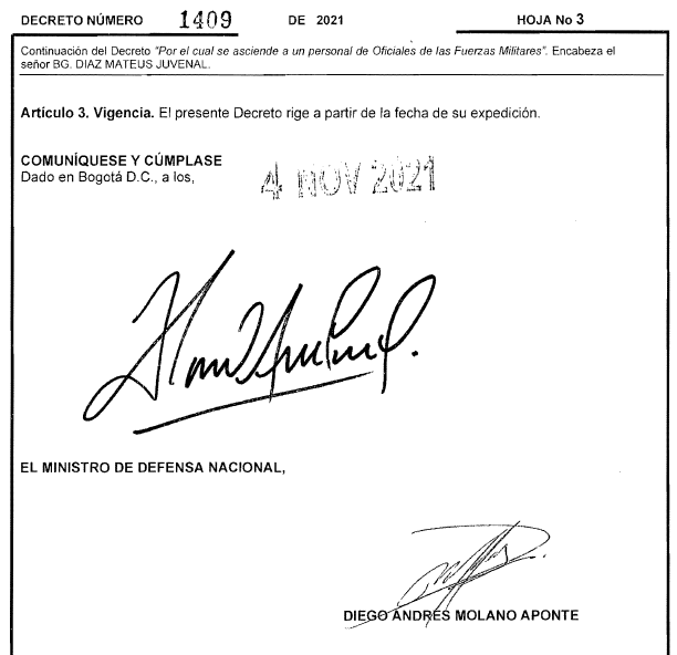JuanPoe's tweet photo. El 4 de noviembre de 2021 el Ministro de Defensa Diego Molano firma el ascenso mediante el Decreto 1409 de 2021 de Jorge Hernando Herrera para que sea designado como Mayor General del Ejército. Esta es la prueba documental del ascenso. Sigue👇 https://t.co/AxjbMIZqjW