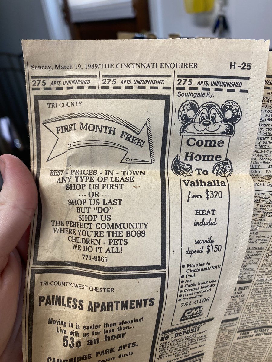 WhatPaigeNumber's tweet photo. I found this newspaper from the Cincinnati enquirer from 1989. Minimum wage was only like $2.30 back then, but in Hyde Park a 1bd apartment was $250-$350. Now it’s $850-$1500. That’s insane!!! https://t.co/unqbJigG1t