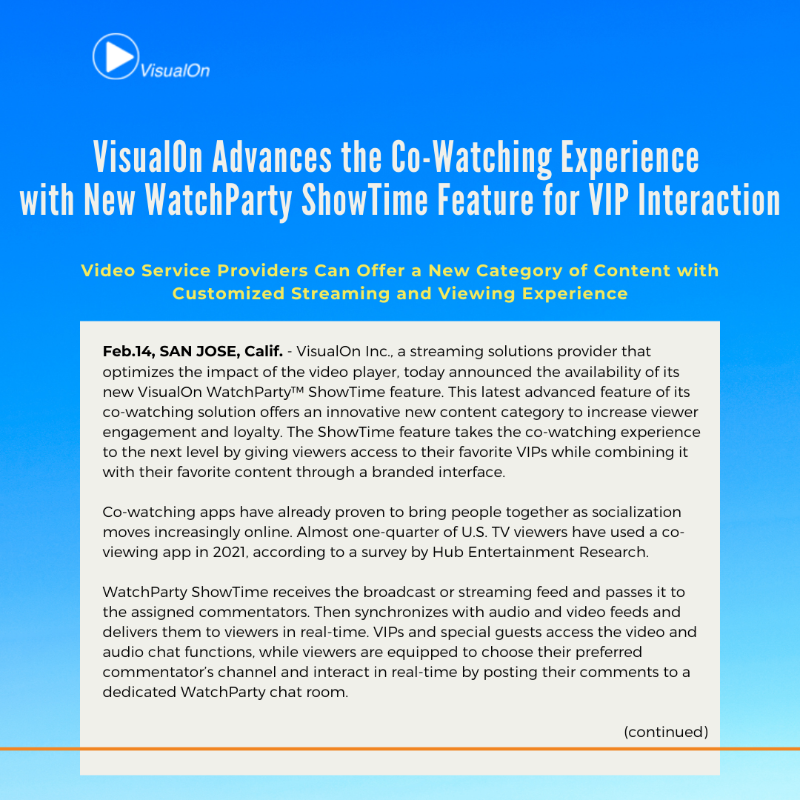 VisualOnInc's tweet photo. Upgrade your co-watching experience and increase viewer engagement with our new WatchParty ShowTime feature.

ShowTime empowers viewers to interact in real-time with VIPs during live or on-demand programing by posting their questions and comments to a dedicated chat room.