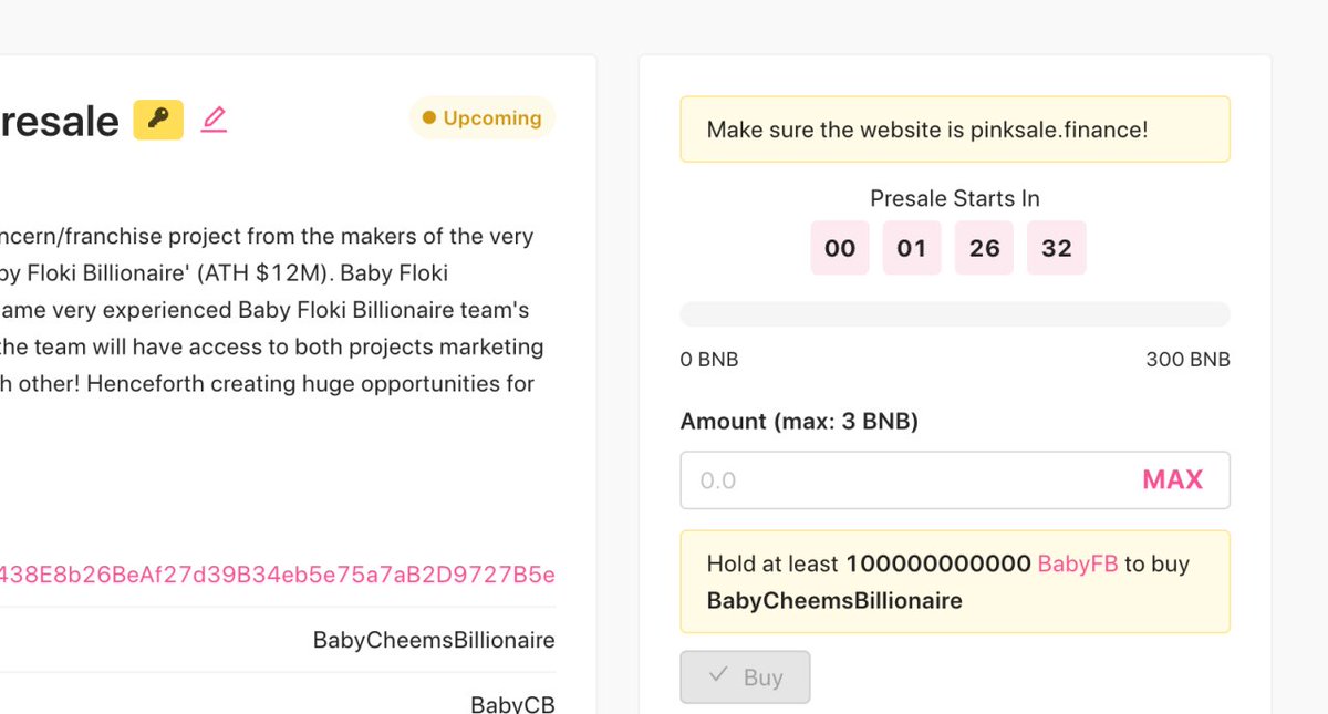 PRESALE&amp;LAUNCH OF BabyCB is approximately in 1 hr🚀🥇 1st. PREFERENCE IS TO ALL BABYFB HOLDERS!All #BABYFB HOLDERS CAN FILL UP THE ENTIRE PRESALE IF THEY WANT TO!BabyFB holders should utilise this opportunity and benefit from it the most! #BabyFB #BabyCB #thebillionairebrothers
