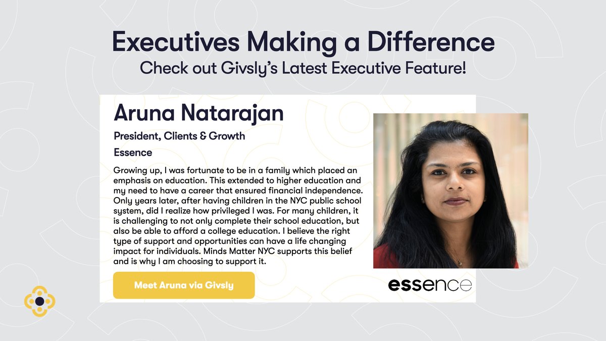 𝗕𝗼𝗼𝗸 𝗮 𝗠𝗲𝗲𝘁𝗶𝗻𝗴 𝘄𝗶𝘁𝗵 𝗣𝗿𝗲𝘀𝗶𝗱𝗲𝗻𝘁, 𝗖𝗹𝗶𝗲𝗻𝘁𝘀 &amp; 𝗚𝗿𝗼𝘄𝘁𝗵 𝗮𝘁 𝗘𝘀𝘀𝗲𝗻𝗰𝗲, Aruna Natarajan!

Aruna’s profile is LIVE on the Givsly platform with one meeting available to book in support of <a href="/mindsmatterNYC/">Minds Matter of NYC</a>. givsly.com/l/61fc57a6-749…

#educationmatters