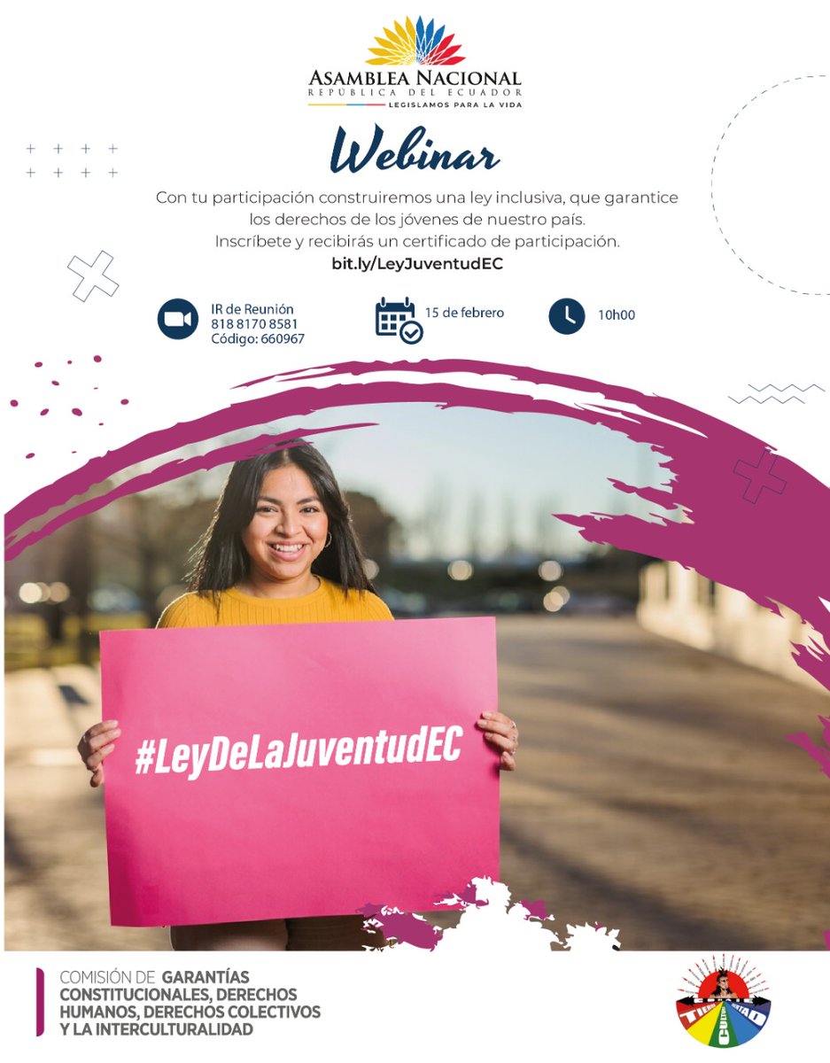 PatySanchezPK's tweet photo. #15feb | 10:00 y 18:00 | @DerHumanosAN invita a #webinar de socialización de #LeyJuventud en Ecuador. Participación y aportes para construir una Ley que recoja las necesidades de las y los jóvenes.
Se extenderá certificado de participación.
Inscríbete 👉https://t.co/r8R3uy8N2k https://t.co/RXFq8ZLv8d