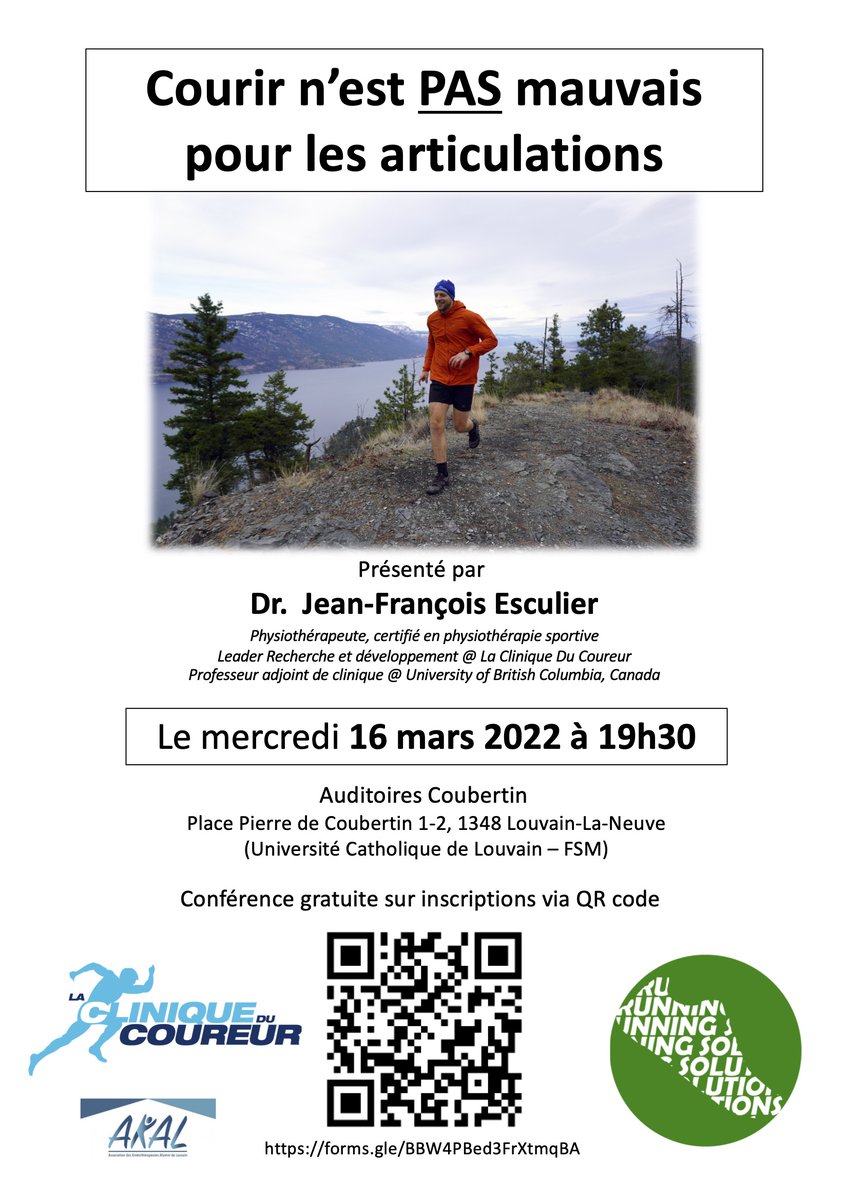 📣 Conférence - <a href="/JFEsculier/">JF Esculier</a>  (<a href="/CliniqueCoureur/">La Clinique Du Coureur</a> ) 

"Courir n'est pas mauvais pour les articulations"

📆 Mercredi 16 mars à 19h30
📍Louvain la Neuve (Auditoires Coubertin) 🇧🇪

Inscription et informations sur running.solutions

#run #running #arthrose #LCDC