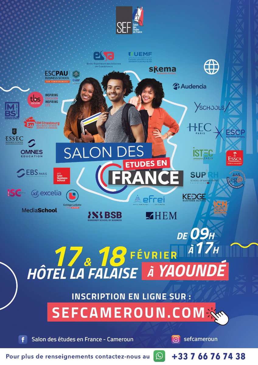 Retrouvez l'<a href="/ESSCA_Ecole/">ESSCA</a> depuis le #Cameroun 🇨🇲 les 17 et 18 février lors du Salon des #Etudes en #France 🇨🇵 à <a href="/lafalaisehotels/">Hotel La Falaise</a> de #Yaounde de 9h à 17h
👉 Pour vous inscrire: sefcameroun.com
<a href="/EsscaPGE/">ESSCA Programme Grande École</a> <a href="/ESSCA_Bachelor/">Bachelor ESSCA (MI)</a> <a href="/CampusFranceCam/">CampusFrance Cameroun</a>  <a href="/FRauCameroun/">France au Cameroun 🇫🇷🇪🇺</a>