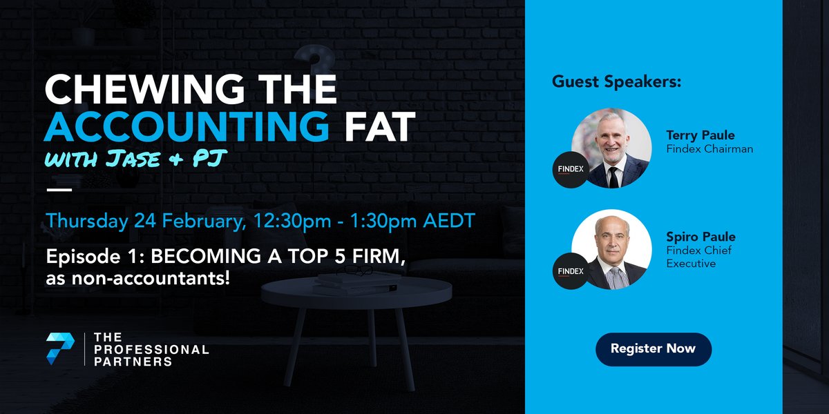 Chewing The ACCOUNTING Fat is back for 2022!

You asked for MORE! I will chat with Findex CEO Spiro Paule, and Findex Chairman Terry Paule! It's a great story, don't miss out!

It's FREE to REGISTER; lnkd.in/gsk43Y-X
<a href="/TPPFirm/">The Professional Partners</a>