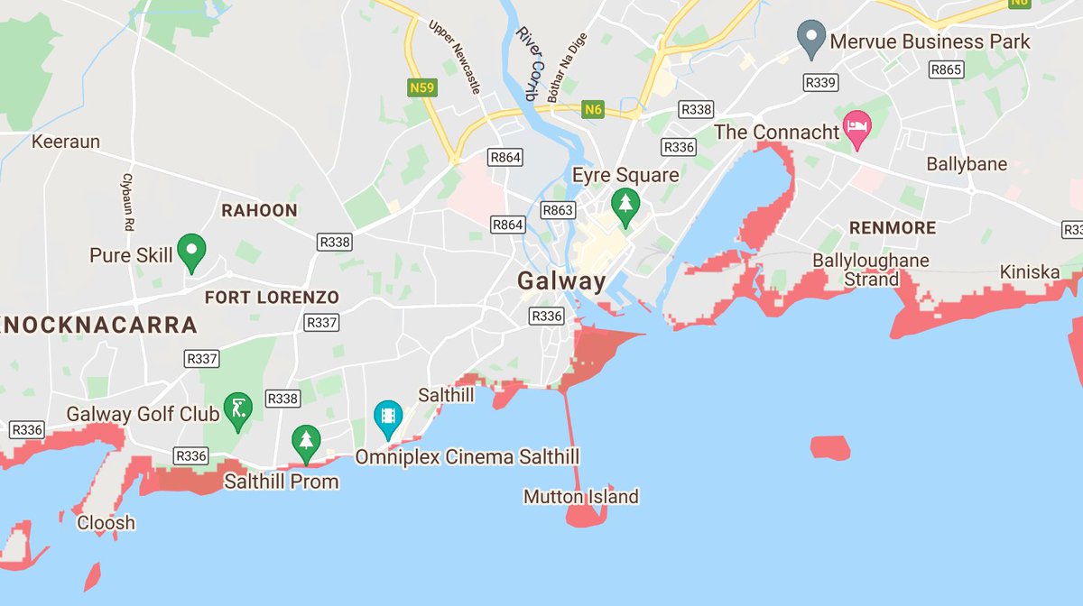 think_or_swim's tweet image. Quick reality check for those heroic Galway councillors who stopped #salthillcycleway: with just 2m of sea level rise, much of coastline will be lost to the sea

That, folks, is what happens when you ignore the #ClimateCrisis 
(graphic via @ClimateCentral)