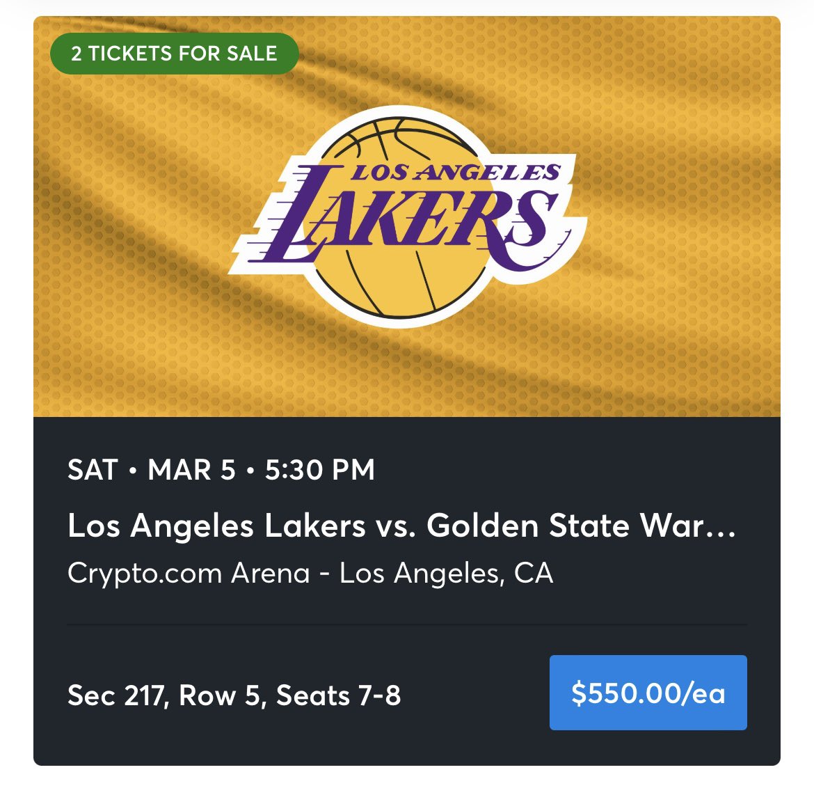 Hey guys I’m selling my tickets for the <a href="/Lakers/">Los Angeles Lakers</a> vs <a href="/warriors/">Golden State Warriors</a> game on March 5th. DM me! You can buy them on ticket master, or through me personally (I’ll be selling at a lower price). Gotta get them sold!