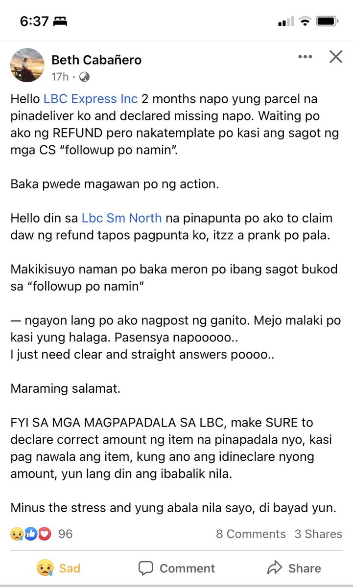 pagesbyinna's tweet image. Hi @LBCexpress hoping you could assist @bethcabanero Thank you!

Sa mga nagpapabada po basahin ninyo ang FYI dito. Declare natin mismo yung amount ng item.

#LostPackage #Refund #followup #LBC