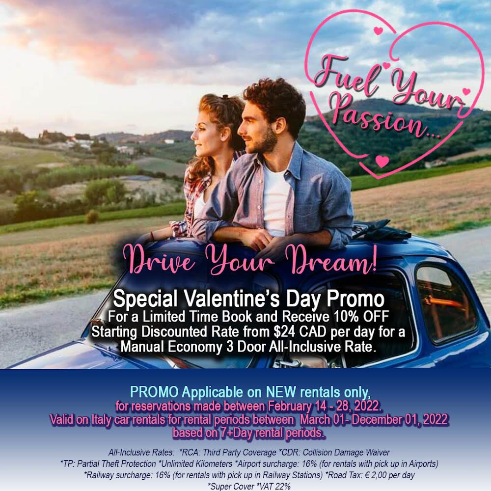 Alitours's tweet image. #ValentinesDay2022 BOOK YOUR #ITALY #CAR #RENTAL . Get ready for your #summer #travel . Book before February 28,2022 and get 10% OFF regular pricing. Hurry fast!