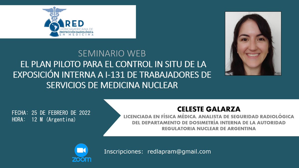 radioproteccion's tweet photo. SW - Viernes 25 feb. 12 m. (Argentina)
Se proporcionarán instrucciones y herramientas a los Serv. Medicina Nuclear para que utilicen sus sistemas de detección para conocer las dosis por exposición interna a I-131 de sus trabajadores.
Inscripciones: redlapram@gmail.com https://t.co/1p0OPuj9RJ