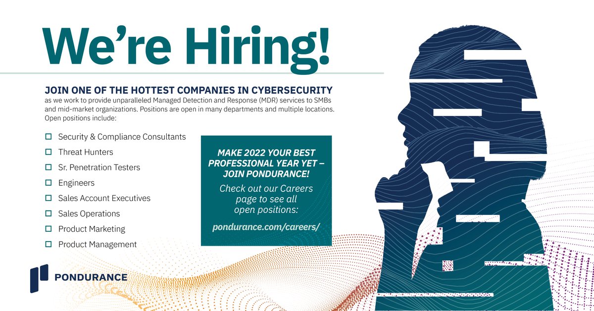 pondurance's tweet photo. We're #hiring! Join one of the hottest companies in #cybersecurity. We believe in humans helping humans, and that we all thrive when our communities thrive. Explore our open positions and apply today: https://t.co/thhNee3Mpw #threathunters #pentesters #devs #sales https://t.co/VXxlYJ2EJQ