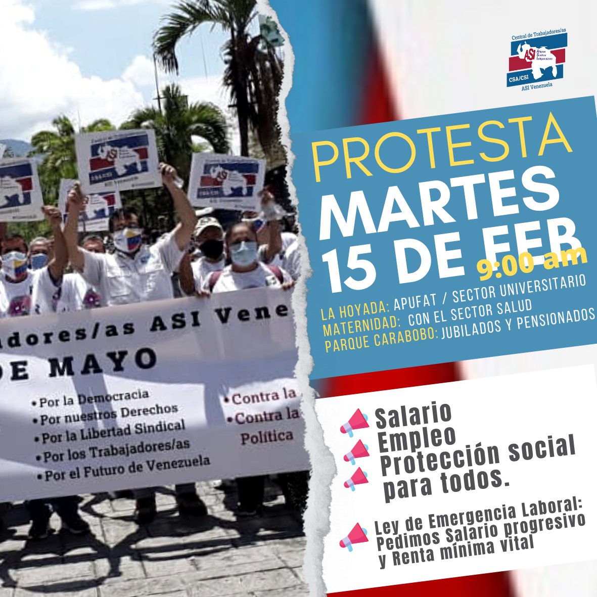 Central de Trabajadores ASI Venezuela se une a la exigencia por nuestros derechos, salario, empleo, protección social. ¡Es de vital importancia la ley de emergencia laboral! Acompáñanos este 15 Feb , 9:00 am por la defensa de los trabajadores. 
<a href="/CNVLatam/">CNVLatinoamérica</a> 
<a href="/CSA_TUCA/">CSA-TUCA</a> 
<a href="/ituc/">ITUC</a> 
<a href="/CFDT/">CFDT</a>
