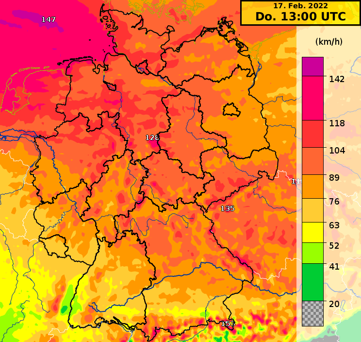 DWD_presse's tweet photo. UNWETTERGEFAHR am DONNERSTAG: Windböen am Donnerstagnachmittag vom 12 Uhr-ICON-Modellauf: Demnach bereits in der Nacht zum Donnerstag zu orkanartigen Böen an der Kaltfront möglich. Tagsüber besonders in Schauernähe und im Norden, abends im Nordosten orkanartige Böen. #Sturm https://t.co/kYvniyTr6t