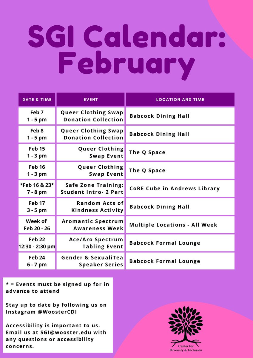 WoosterCDI's tweet photo. SGI is proud to announce our events for the month of February! Have questions?
Email us: SGI@wooster.edu https://t.co/MMB25uWBjX