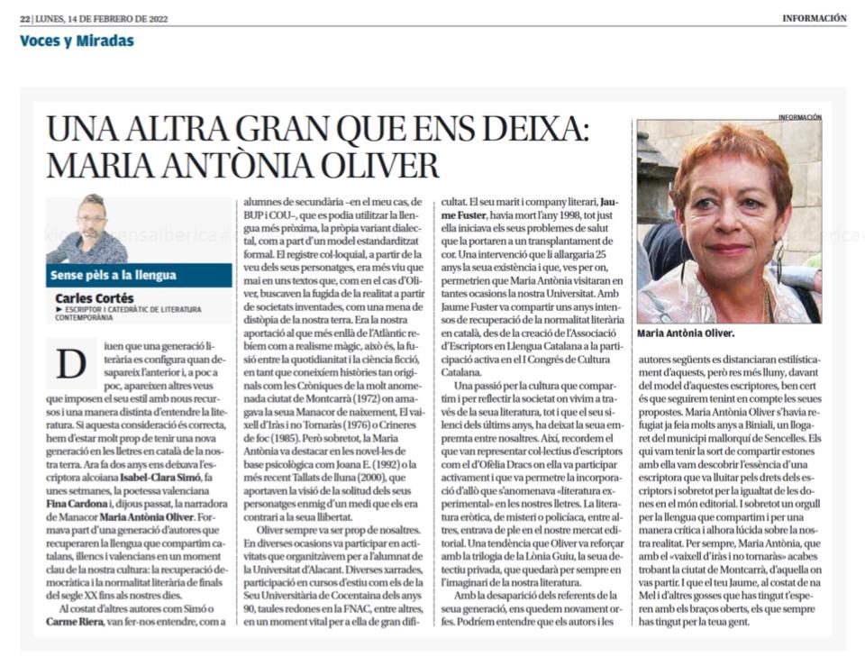 carlescortesua's tweet photo. Una altra gran que ens deixa: Maria Antònia Oliver. Amb la desaparició dels referents de la seua generació, en quedem novament orfes. @informacion_es @EscriptorsAELC #orfes @carmecrg #generacionsliteràries https://t.co/G4Ou8LUR8e