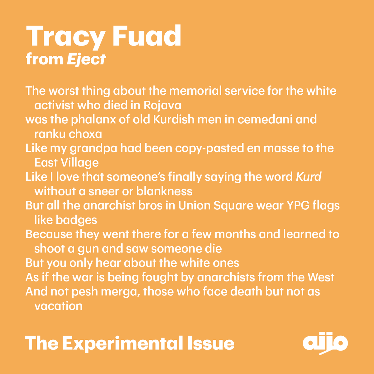 Excerpt from "Eject" by Tracy Fuad. Read the rest of this poem in the forthcoming Mizna: The Experimental Issue, guest-edited by Tarik Dobbs.

@tracyfuad @mxrlevant

Pre-order today at mizna.org/shop
