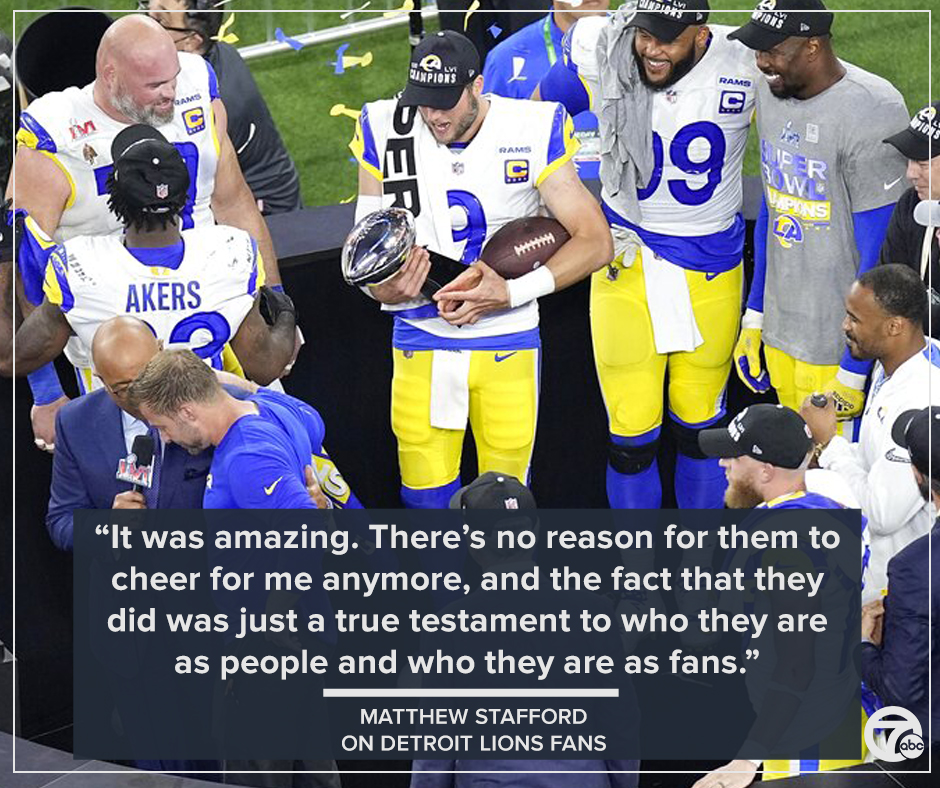 wxyzdetroit's tweet photo. Matthew Stafford spoke about Lions fans after the Rams won the Super Bowl.

"To have that support all the way across the country here playing in this game means the world to me, my wife and my family," he said. https://t.co/grlscF91FP