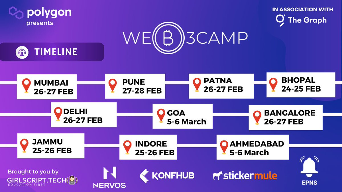 It's finally happening!!!😍💥

We are thrilled to announce the schedule of Mumbai, Pune, Patna, Bhopal, Delhi, Goa, Bangalore, Jammu, Indore and Ahmedabad. 🚀

<a href="/0xPolygon/">Polygon | POL</a> <a href="/graphprotocol/">The Graph</a> <a href="/KonfHub/">KonfHub</a> <a href="/stickermule/">Sticker Mule</a> <a href="/NervosNetwork/">Nervos.bit</a>