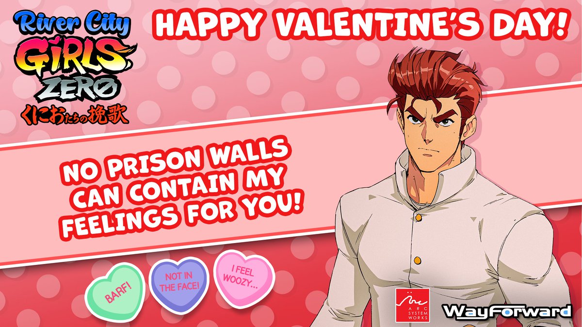 WayForward's tweet photo. Nothing's more romantic than beating up thugs with your beloved, so here are four heartfelt messages from River City to let you share your feelings! Happy Valentine's Day from all of us at WayForward! https://t.co/xOBMbvLegz