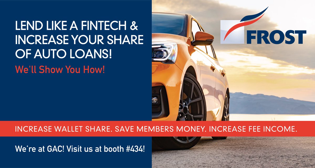 FrostVisualGAP's tweet image. The Frost team is excited to be back at the GAC 2022. If you are attending, be sure to stop by and see us. We would love to share with you a couple of new initiatives that can help Credit Unions recapture loans, increase wallet share and lend like a Fintech.
Stop by booth #434!