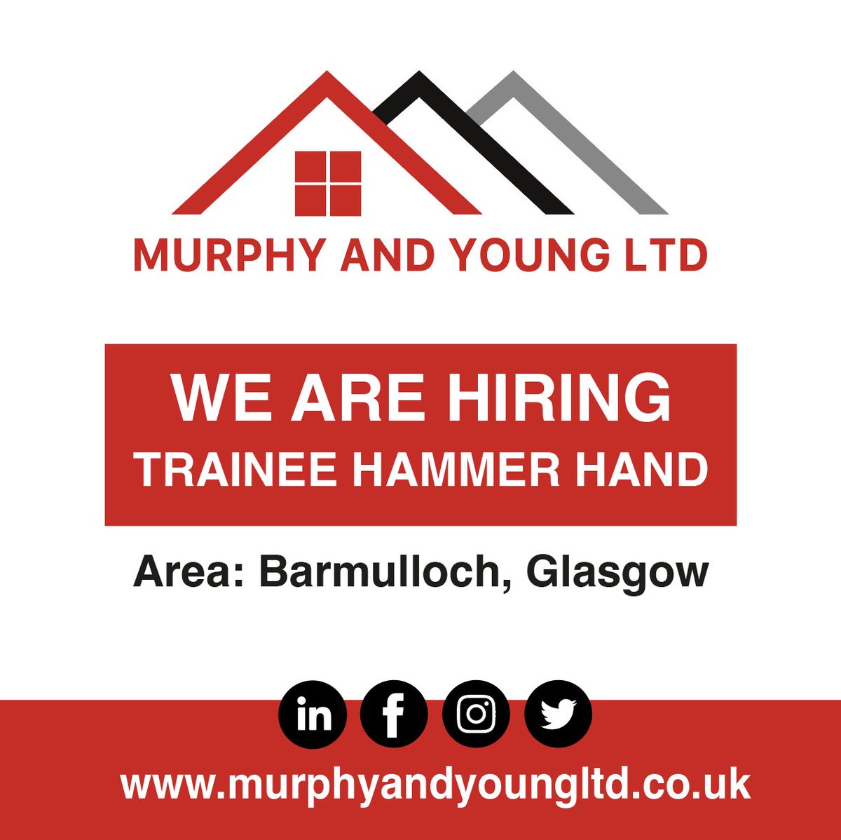 WE ARE HIRING!

Trainee Hammer Hand for job in Barmulloch, Glasgow.

Must have CSCS Card and willing to learn.

Will be working alongside joiner.

Self employed basis 12 - 18 months with ongoing work.

Call Michael on: 07593648659

murphyandyoungltd.co.uk