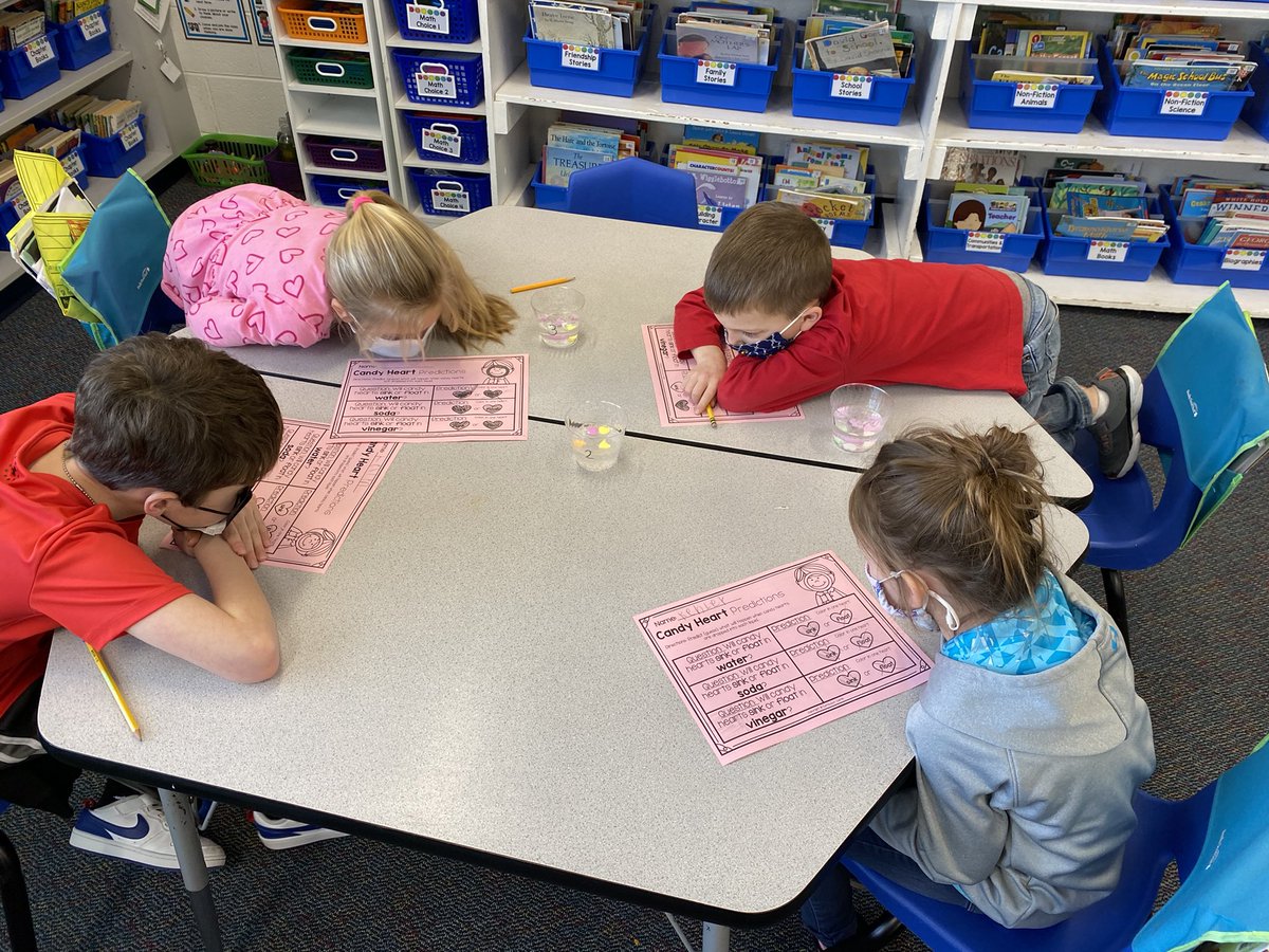 MrsFriskSLCS's tweet photo. First grade scientists had so much fun dissolving candy hearts in water, Sprite, and vinegar today! They were most surprised that the candy hearts floated in the Sprite! https://t.co/cwVclfSsrB