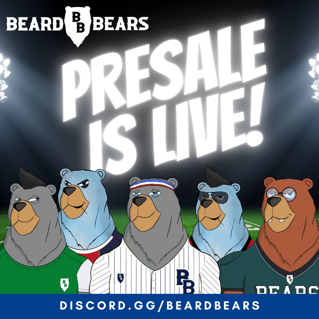 BeardBearsNFT's tweet photo. Our presale is live!

The Bears Bears are coming out of hibernation and are ready to take on the NFT space with utility in place already!

Come join us in the Bear Cave! Sports, betting, alpha - what's not to like!

https://t.co/5qAGxrnbI3

#NFTs #NFTCommunity #beardbears #ETH https://t.co/Rz0Jt1A4b5