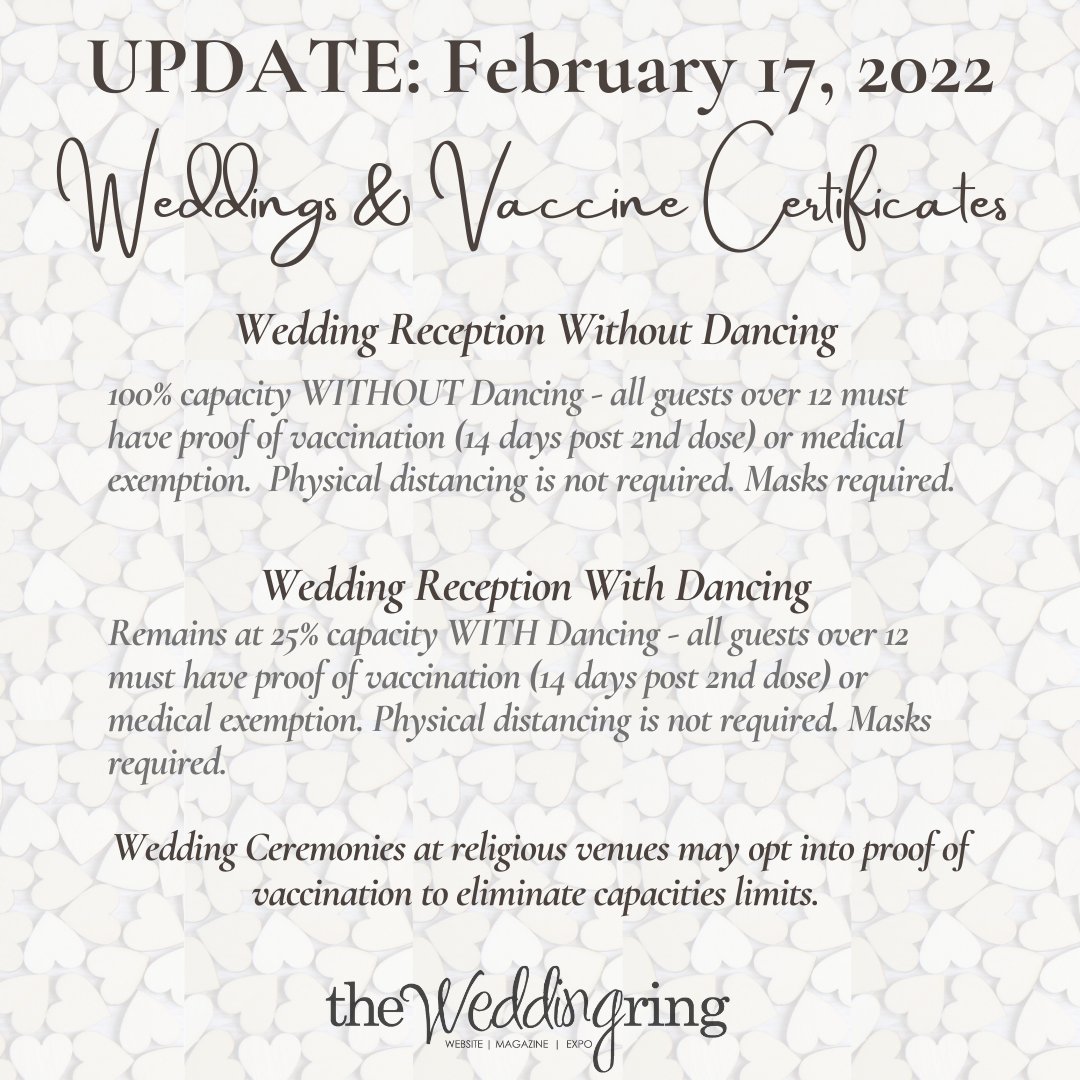 TheWeddingRing's tweet photo. Today's announcement by the province was a little bit of love for couples planning weddings. 
100% capacity without dancing, 25% capacity with dancing, and the hope of removing the proof of vaccination requirement by March 1. 
Happy Valentine's Day, lovelies! https://t.co/iqa83wCkOP