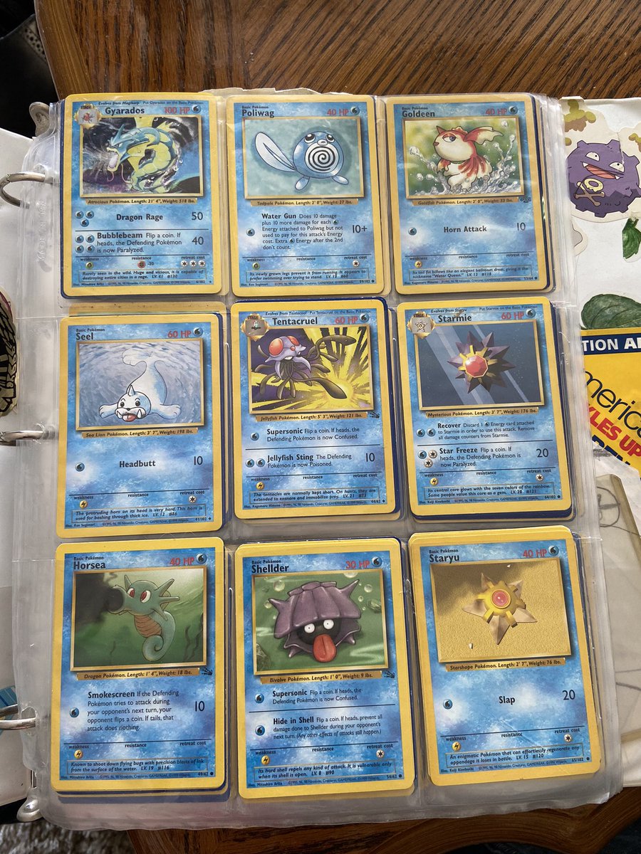 MRemy252's tweet photo. My girlfriend found her binder with her old Pokémon cards in them 🤩 my god it’s beautiful 
#Pokemon #TradingCards #BaseSet #FossilSet #JungleSet #Topps #PokemonCards https://t.co/d0uWrSUk1A