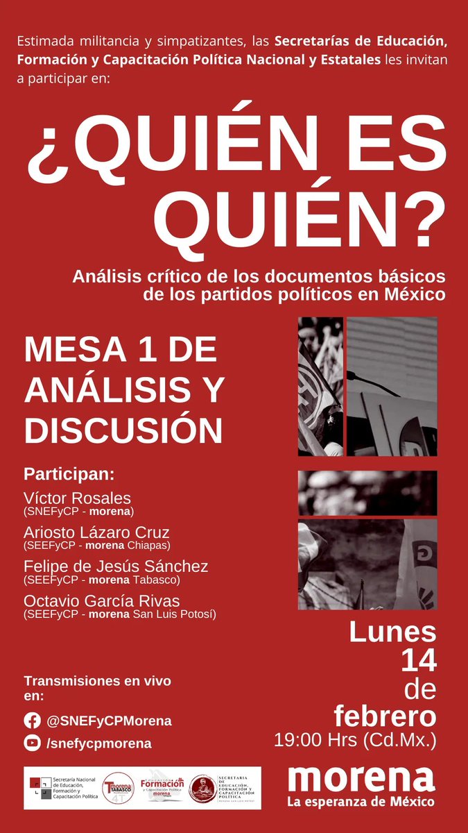 iefpc_morena's tweet photo. ¡Hoy es lunes de "¿quién es en quién?"!💬

✅Sigue la transmisión en vivo de la mesa uno de análisis y discusión sobre los documentos básicos de los partidos políticos en México

🔗Hoy a las 19 horas a través de @SnefycpM

#RevolucionandoConciencias https://t.co/ptjxNp59we
