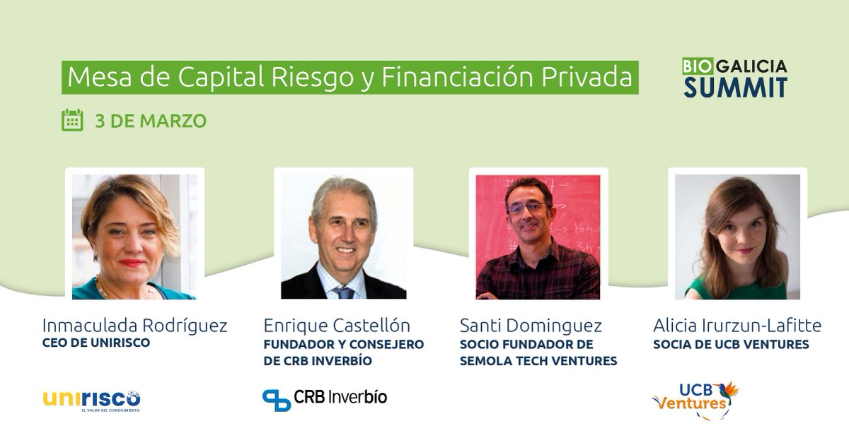 bioincubatech's tweet photo. Ponentes de #BioSummit en #CapitalRiesgo y #FinanciaciónPrivada 💰
Inmaculada Rdguez, CEO #UNIRISCO
Enrique Castellón, fundador-consejero @CRBInverbio
Santi Dominguez, socio-fundador #SemolaTechVentures
Alicia Irurzun, socia @ucbventures
💼Regístrate⬇️
https://t.co/6Pizbz8feb https://t.co/D8nYKaLn1r