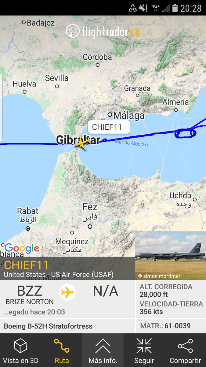 MilRadar's tweet photo. 🇺🇸 #USAF B-52H 61-0039 "The Warrior" del #69thBS cruzando el Estrecho de #Gibraltar rumbo W de regreso a #UK. Más de 20 horas de vuelo tras partir de #Fairford https://t.co/5WjHMsUXmx