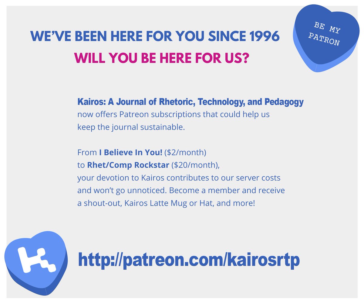 Will you be our Gal-entine? <3 Kairos is a sparkly *diamond* open-access journal = we never ask authors/readers to pay to access content. The editors pay out of pocket for server costs because we love you and the journal! Can you share some love in return? patreon.com/kairosrtp