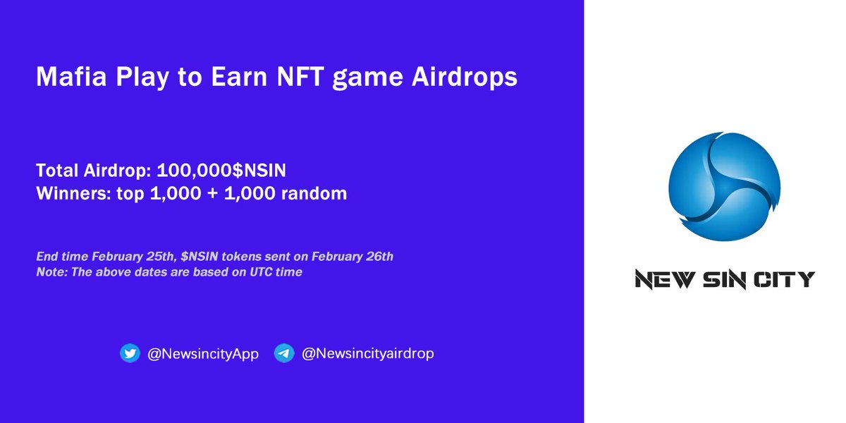 New Sin City (@newsincityapp) on Twitter photo 🪂🪂🪂New Sin City Mafia Play to Earn NFT game Airdrops🚀🚀🚀
1. Follow <a href="/NewsincityApp/">New Sin City</a>
2. Like + RT + Tag 3 Friends.
3. Join the Telegram group: t.me/newsincityaird…
4. Fill Form forms.gle/SH2PLBWULdXAAo…
#NEWSINCITY $NSIN #NFT #GameFi #Airdrops 🪂🪂🪂New Sin City Mafia Play to Earn NFT game Airdrops🚀🚀🚀
1. Follow <a href="/NewsincityApp/">New Sin City</a>
2. Like + RT + Tag 3 Friends.
3. Join the Telegram group: t.me/newsincityaird…
4. Fill Form forms.gle/SH2PLBWULdXAAo…
#NEWSINCITY $NSIN #NFT #GameFi #Airdrops
